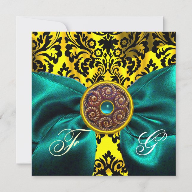 BLUE  RIBBON GOLD YELLOW  BLACK  DAMASK MONOGRAM INVITATION (Front)