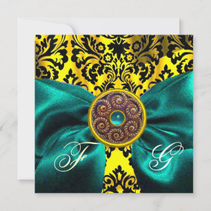 BLUE RIBBON GOLD YELLOW BLACK DAMASK MONOGRAM INVITATION