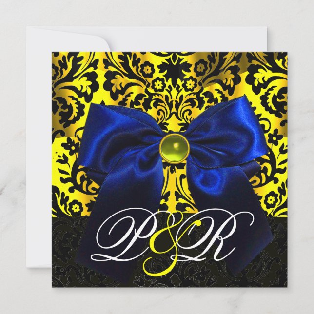 BLUE RIBBON GOLD YELLOW  BLACK  DAMASK MONOGRAM INVITATION (Front)
