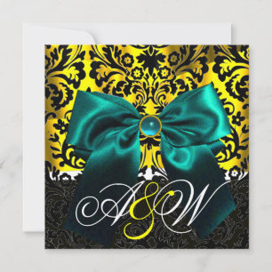 BLUE RIBBON GOLD YELLOW BLACK DAMASK MONOGRAM INVITATION