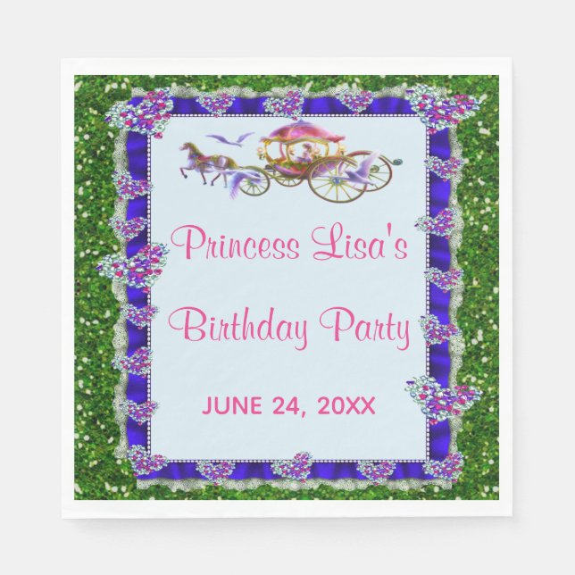 Blue Ribbon Green Glitter Royal Princess Birthday Napkin (Front)