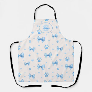 Blue Ribbon, Heart & Paw Print Pattern on White Apron