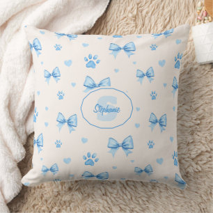 Blue Ribbon, Heart & Paw Print Pattern on White Cushion