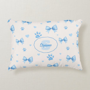 Blue Ribbon, Heart & Paw Print Pattern on White Decorative Cushion