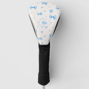 Blue Ribbon, Heart & Paw Print Pattern on White Golf Head Cover