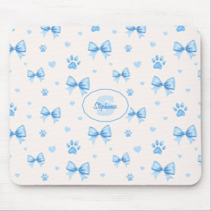 Blue Ribbon, Heart & Paw Print Pattern on White Mouse Mat