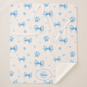 Blue Ribbon, Heart & Paw Print Pattern on White Sherpa Blanket