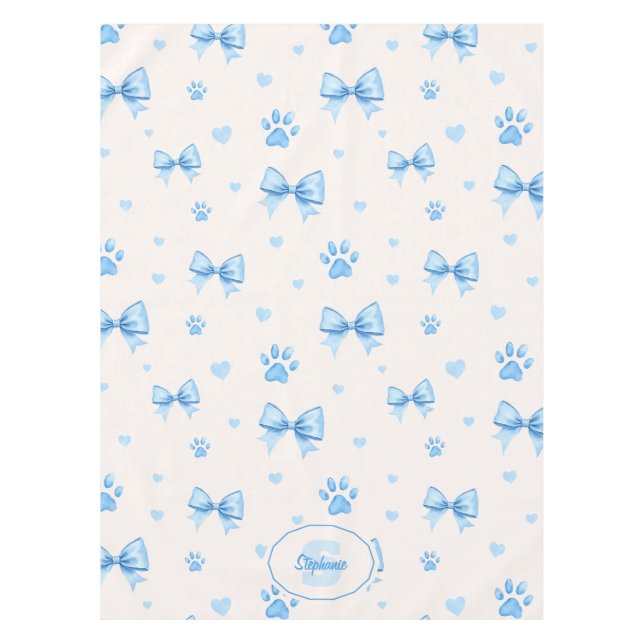 Blue Ribbon, Heart & Paw Print Pattern on White Tablecloth (Front)