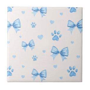 Blue Ribbon, Heart & Paw Print Pattern on White Tile