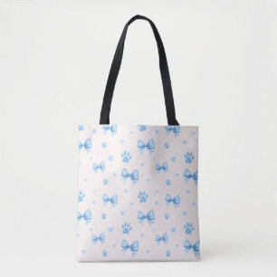 Blue Ribbon, Heart & Paw Print Pattern on White Tote Bag