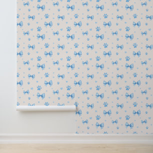 Blue Ribbon, Heart & Paw Print Pattern on White Wallpaper