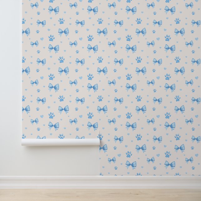 Blue Ribbon, Heart & Paw Print Pattern on White Wallpaper (Application)