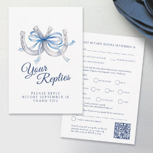 Blue Ribbon Horseshoe Wedding Meal Choice QR Code RSVP Card