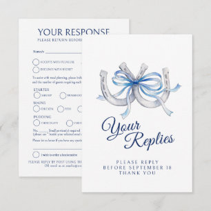 Blue Ribbon Horseshoe Wedding Meal Choice RSVP Card
