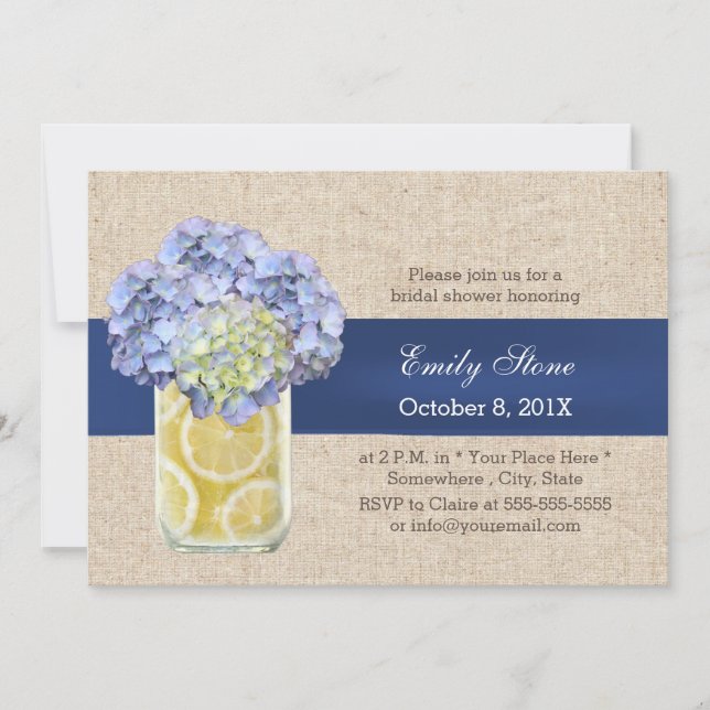 Blue Ribbon Hydrangea & Mason Jar Bridal Shower Invitation (Front)