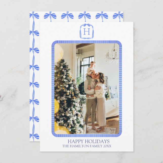 Blue Ribbon Monogram Photo Grandmillennial Holiday Card (Front/Back)
