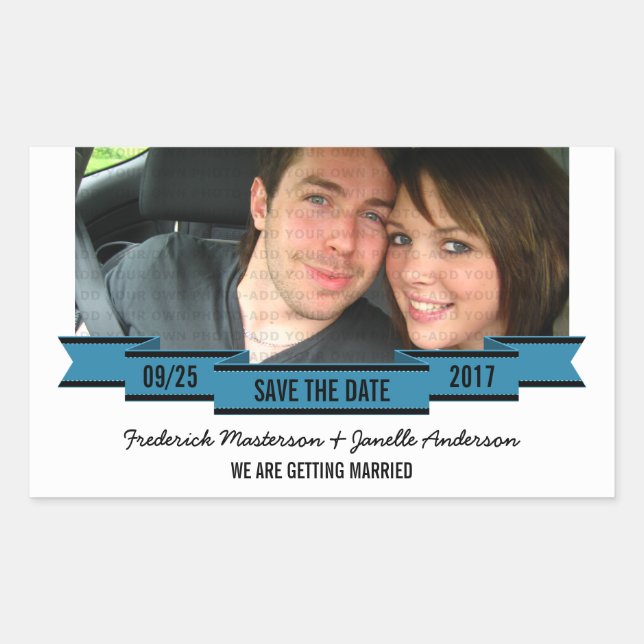 Blue Ribbon Photo Save the Date Stickers (Front)