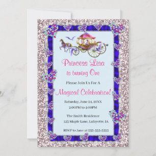 Blue Ribbon Pink Glitter Royal Princess Birthday Invitation