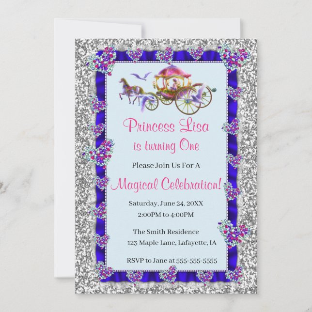 Blue Ribbon Silver Glitter Royal Princess Birthday Invitation (Front)