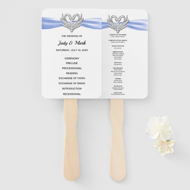 Blue Ribbon Silver Swan Wedding Program Fans (Front and Back)