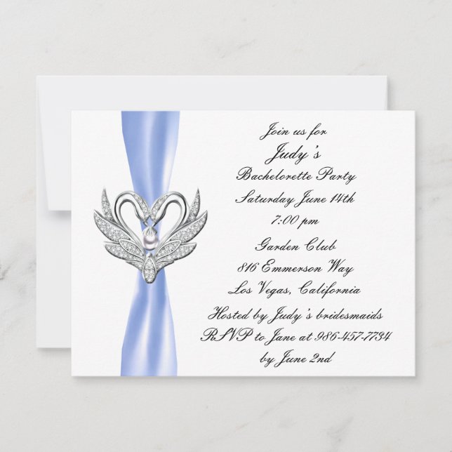 Blue Ribbon Silver Swans Bachelorette Party Invite (Front)
