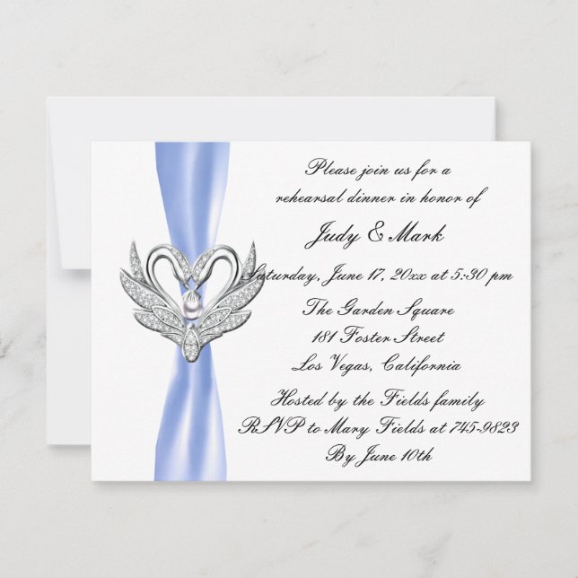 Blue Ribbon Silver Swans Rehearsal Dinner Invite (Front)