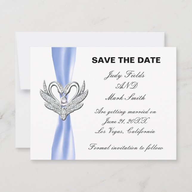 Blue Ribbon Silver Swans Save The Date Card (Front)