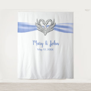 Blue Ribbon Silver Swans Wedding Backdrop Tapestry