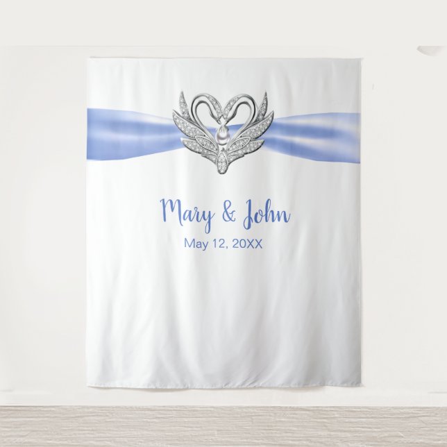 Blue Ribbon Silver Swans Wedding Backdrop Tapestry (Front)