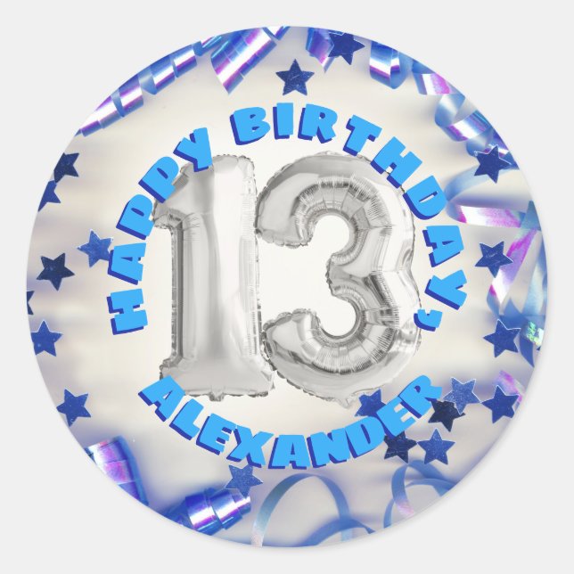 Blue Ribbon & Stars Confetti 13th Birthday Party Classic Round Sticker (Front)