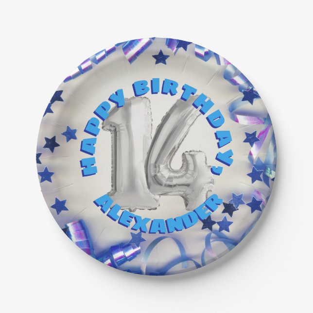 Blue Ribbon & Stars Confetti 14th Birthday Party Paper Plate (Front)