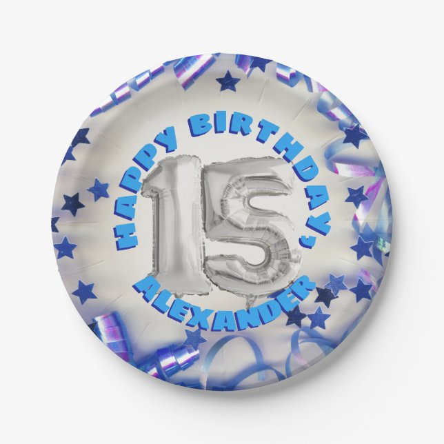 Blue Ribbon & Stars Confetti 15th Birthday Party Paper Plate (Front)