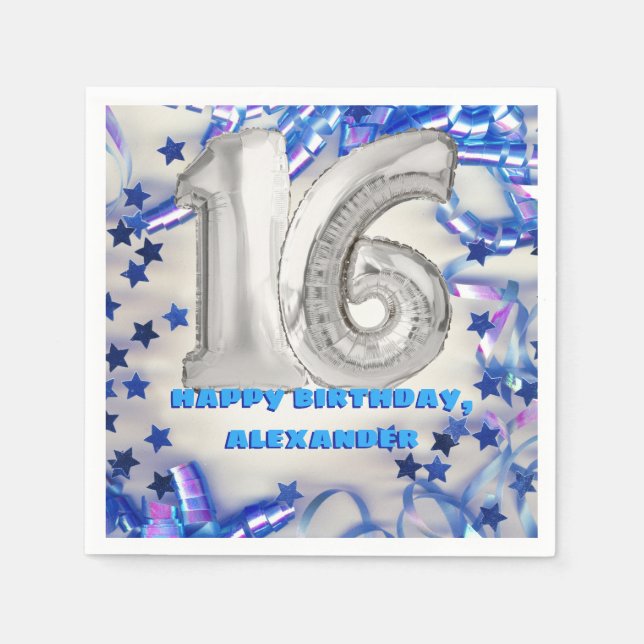 Blue Ribbon & Stars Confetti 16th Birthday Party Napkin (Front)