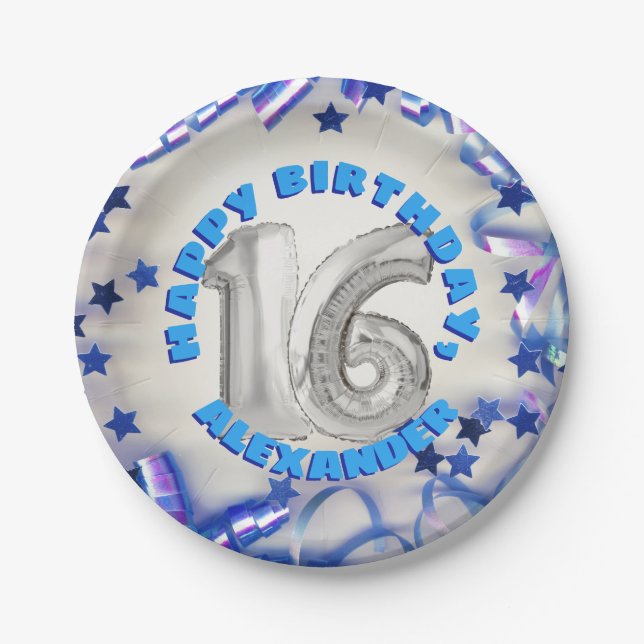 Blue Ribbon & Stars Confetti 16th Birthday Party Paper Plate (Front)