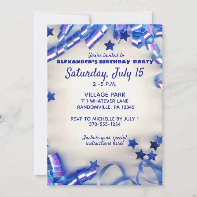 Blue Ribbon & Stars Confetti 17th Birthday Party Invitation (Back)