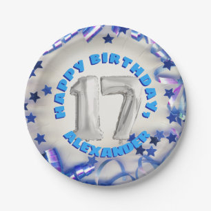 Blue Ribbon & Stars Confetti 17th Birthday Party Paper Plate