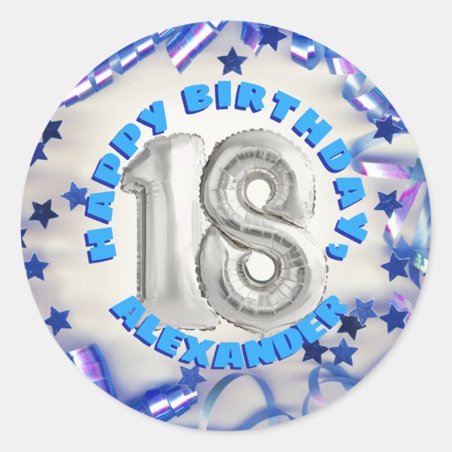 Blue Ribbon & Stars Confetti 18th Birthday Party Classic Round Sticker (Front)