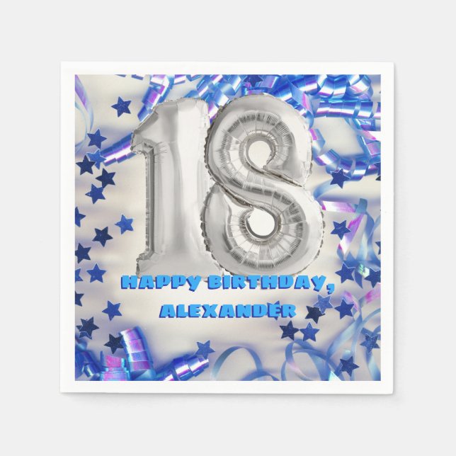 Blue Ribbon & Stars Confetti 18th Birthday Party Napkin (Front)