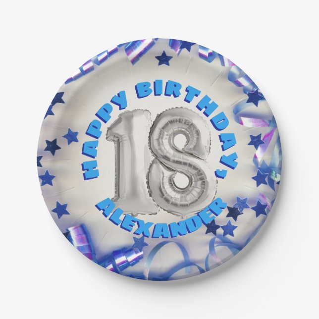 Blue Ribbon & Stars Confetti 18th Birthday Party Paper Plate (Front)