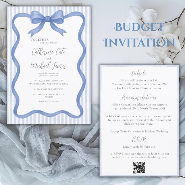 Blue Ribbon Stripe Vintage Budget Wedding Invitation (Creator Uploaded)