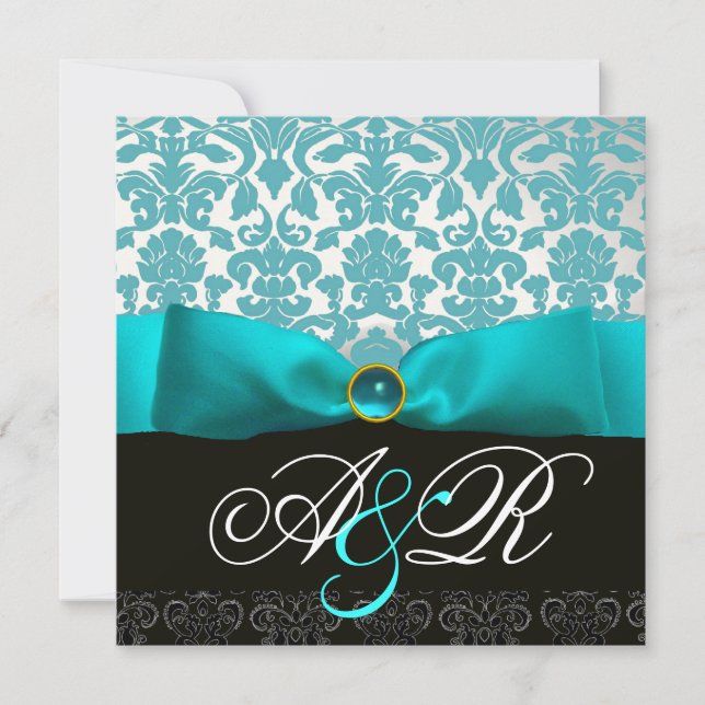 BLUE RIBBON TURQUASE WHITE BLACK  DAMASK MONOGRAM INVITATION (Front)