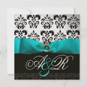 BLUE RIBBON TURQUASE WHITE BLACK  DAMASK MONOGRAM INVITATION