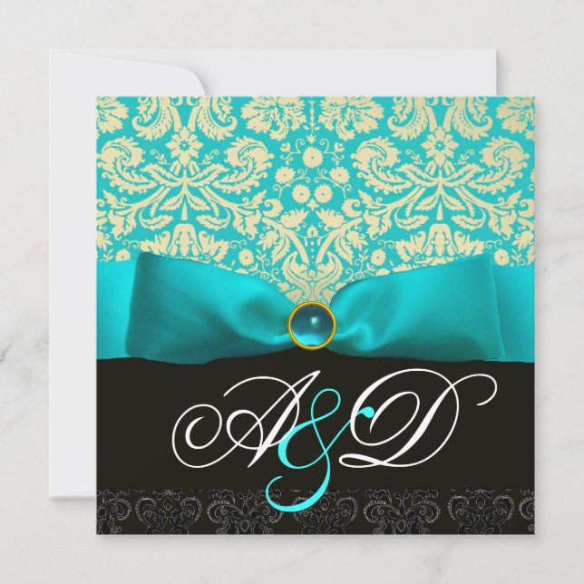 BLUE RIBBON TURQUOISE WHITE BLACK DAMASK MONOGRAM INVITATION (Front)