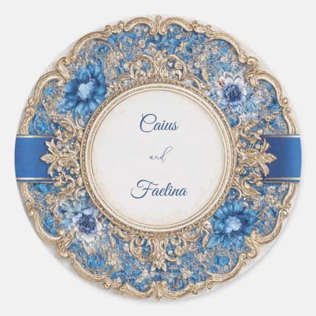 Blue Ribbon Victorian Floral Wedding Sticker (Front)