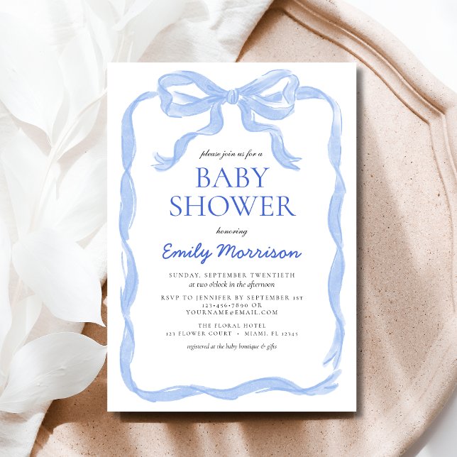 Blue Ribbon Watercolor Bow Boy Baby Shower Invitation (Creator Uploaded)