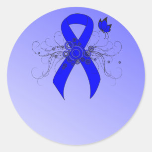 Blue Ribbon with Butterfly Classic Round Sticker