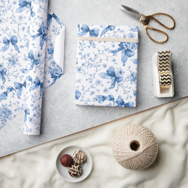 Blue Ribbons and Bows Toile Coquette Pattern  Wrapping Paper (Crafts)