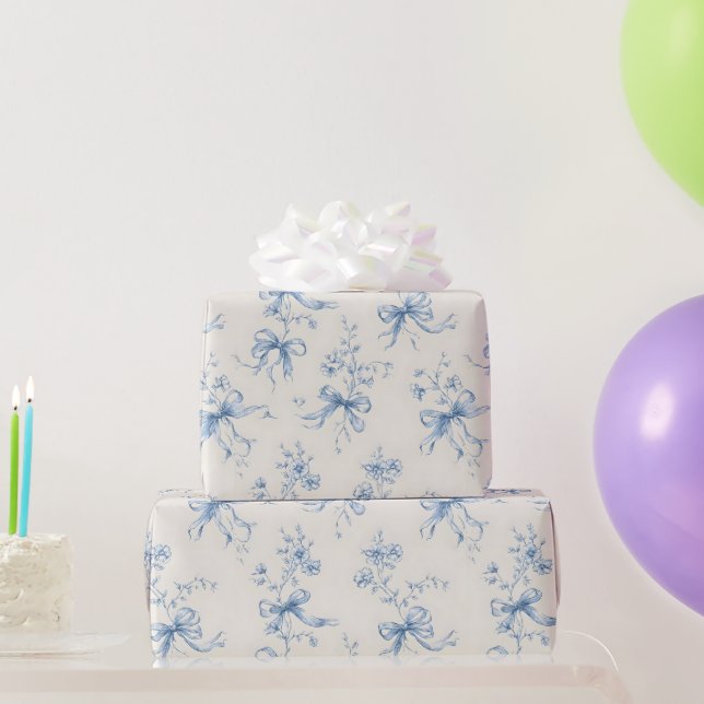 Blue Ribbons and Bows Toile Coquette Pattern  Wrapping Paper (Party Gifts)