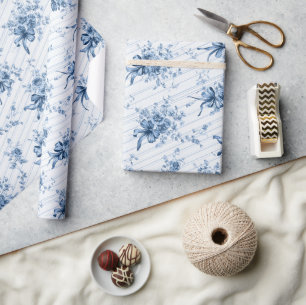 Blue Ribbons and Bows Toile Coquette Pattern  Wrapping Paper