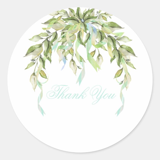 Blue Ribbons Floral Greenery Thank You  Classic Ro Round Sticker (Front)